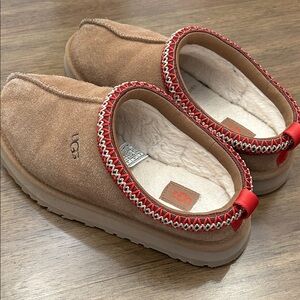 UGG Brown Tasman II Suede Slippers with Red Accents